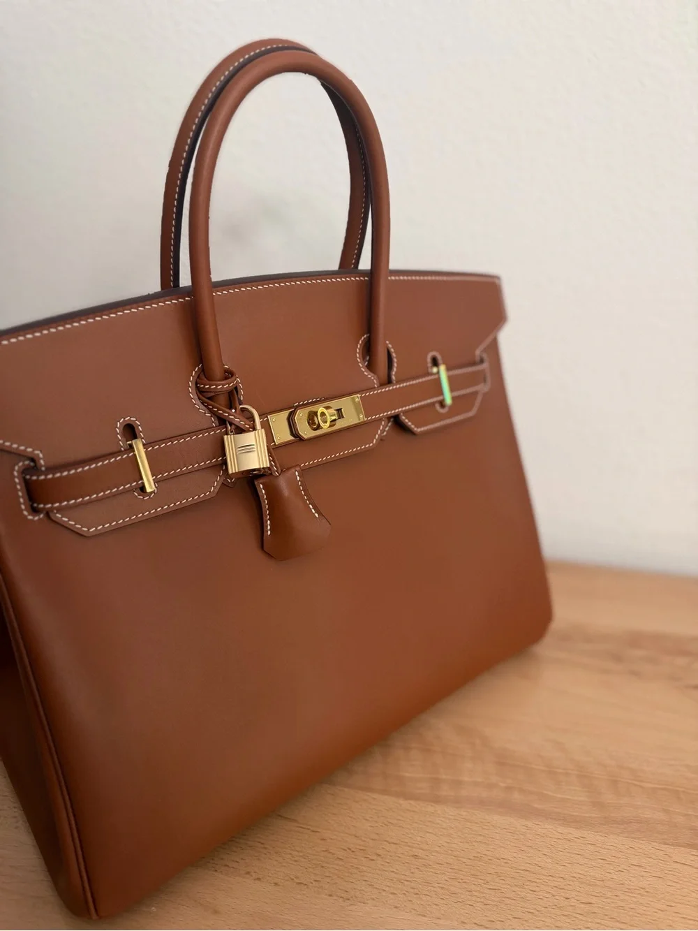 Handmade imported barenia Birkin 35 Fauve gold smooth GHW Cognac tote Italian